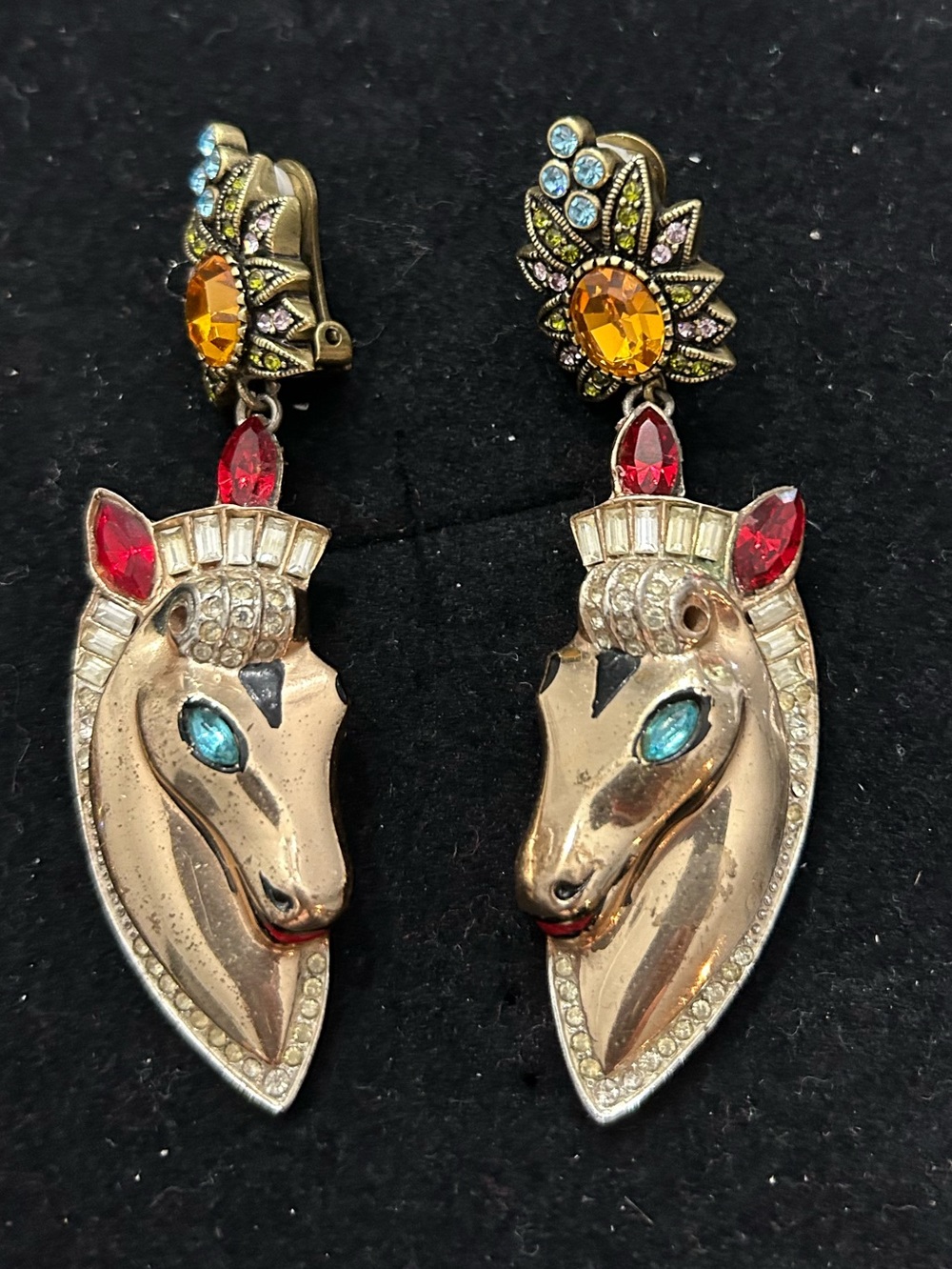 HEIDI DAUS Beautiful Gold Horse Head Drop Earrings with Red and Blue Accents